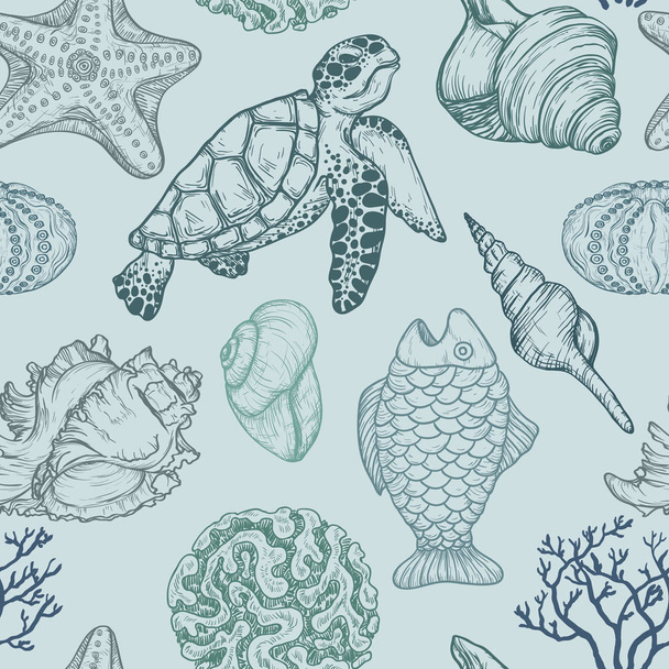 Seamless pattern with sketch of sea shells, fish, corals and turtle. Hand Drawn illustration. Seal Ocean life - Vecteur, image