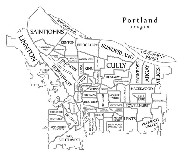 Mapa de la ciudad moderna - Portland Oregon ciudad de los Estados Unidos con barrios y títulos mapa del contorno
 - Vector, Imagen