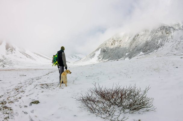Homem e cão labrador caminhar nas montanhas nubladas
. - Foto, Imagem