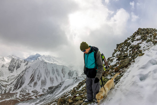 Man and dog labrador hike the cloudy mountains. - Фото, зображення