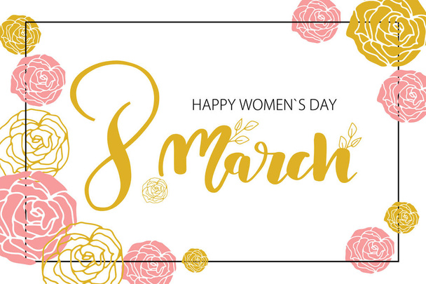 Happy Women s Day. Handwritten phrase in flower frame. 8 March party invitation, poster, banner or card design - Vetor, Imagem