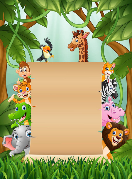 Illustration of animals with blank sign paper at forest - Vector, Image