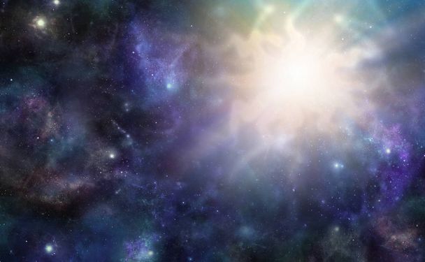 Evento Cósmico Espacial Profundo Massivo - Amplo painel de espaço exterior estrelado escuro com uma enorme erupção de luz em forma irregular evento cósmico Big Bang à direita
  - Foto, Imagem