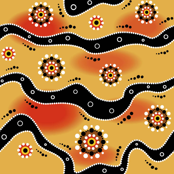 Ausztrál őslakosok folytonos vector mintával fehér és fekete pöttyös körök, a gyűrűk és a görbe csíkokkal, sárga háttér - Vektor, kép