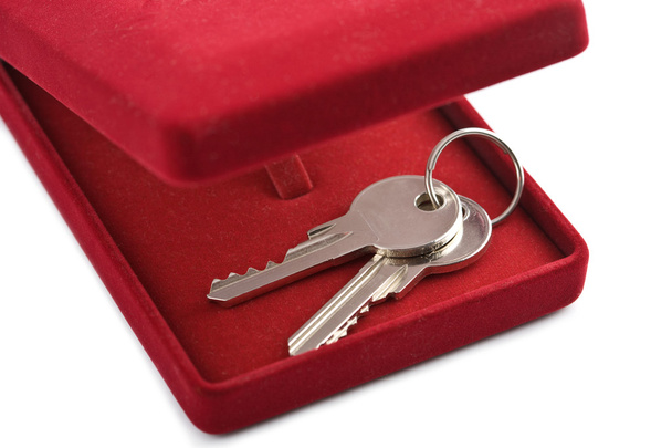 Keys in red gift box isolated - Photo, Image