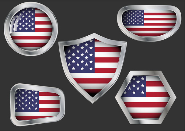 Set of steel badges with the American flag on a dark background, vector illustration - Vektör, Görsel