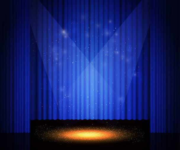 Порожня театральна сцена з блакитною завісою. Фон для показу, презентації, концерту, дизайну
 - Вектор, зображення