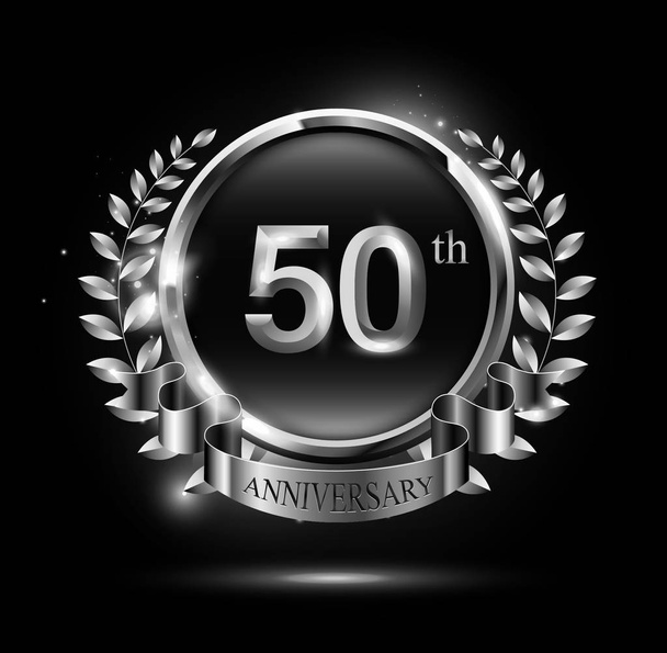 50 anos de prata logotipo celebração aniversário com anel e fita, laurel projeto grinalda
 - Vetor, Imagem