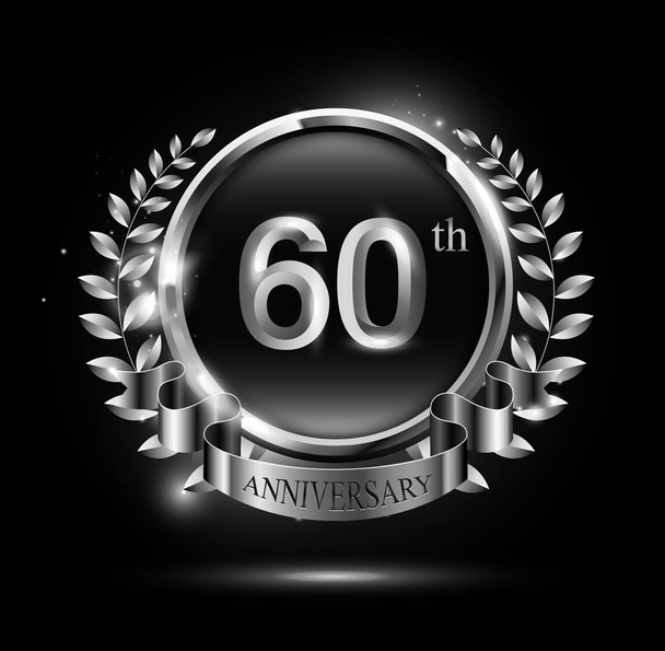 60 anos de prata logotipo celebração aniversário com anel e fita, laurel projeto grinalda
 - Vetor, Imagem