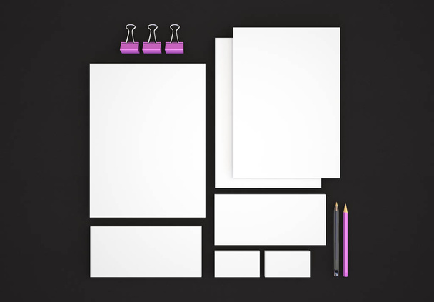 Realistic Stationery Sockups Set. Carátula, tarjeta de nombre, sobre, carpeta de presentación. 3d renderizar
. - Foto, Imagen
