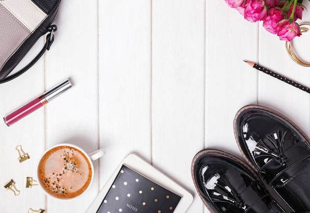 Feminine accessories with shoes, bag and coffee , top view. - Valokuva, kuva