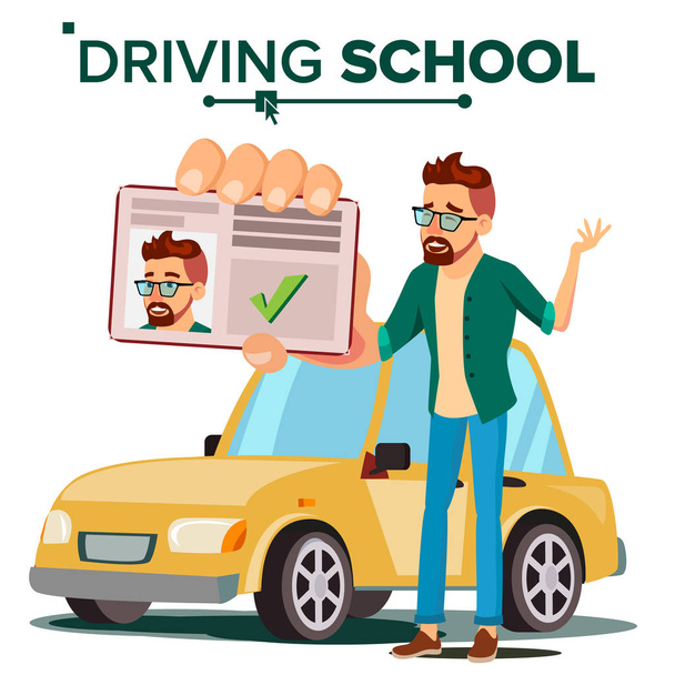Man In Driving School Vector. Training Car. Successful Pass Exam. Learning To Drive. Driving License. Isolated Flat Illustration - Vector, Image