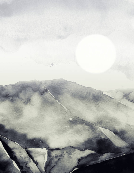 Akvarell vázlatot az elvont szürke táj, a hegyek és a sky  - Fotó, kép