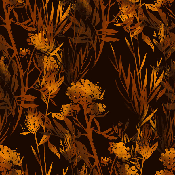 акварель и рисунок вручную повторяют бесшовный рисунок с отпечатками абстрактной травы и цветов
  - Фото, изображение