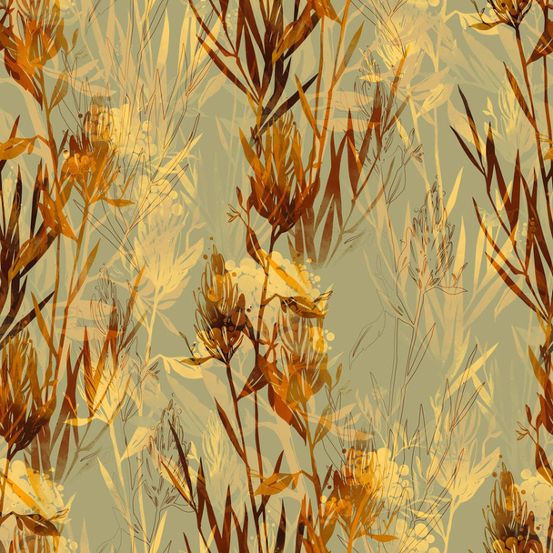 watercolour and digital hand drawn mix repeat seamless pattern with imprints abstract grass and flowers  - Photo, Image
