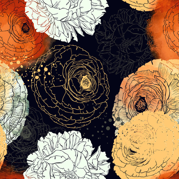 akvarell és digitális kézzel rajzolt mix ismételt varrat nélküli mintát a pünkösdi rózsa és Boglárka  - Fotó, kép