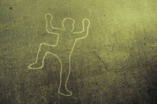 Crime scene chalk line of an auto accident with tire skid marks leading over the body.vintage tone - Photo, Image