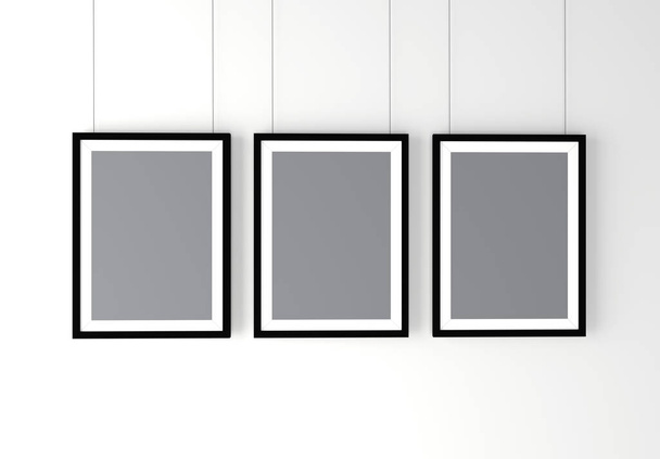 Three Black Photo Frames Mockup. High resolution 3d render. Personal branding mockup template. - Photo, Image