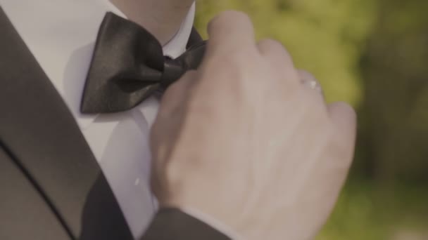 Hombre el novio en un traje formal de boda con mariposa. Traje, manos, cuidado, corbata, para corregir, ajustar, moda, arco. Colores de Instagram tonificación
 - Metraje, vídeo