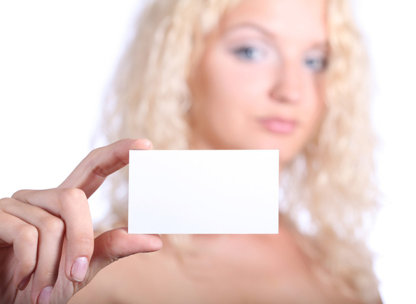 Blond woman holding blank card - Fotó, kép