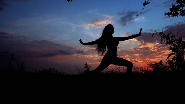 Femme ombre sombre faire du yoga, silhouette féminine en fond de ciel du soir
. - Photo, image