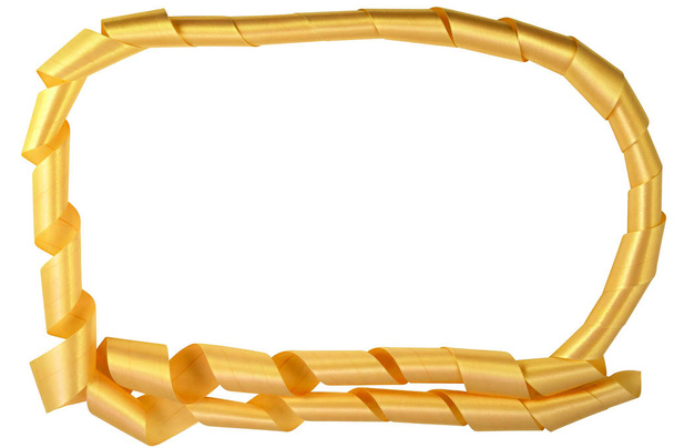 Атласная лента золотого цвета в виде рамки на белом фоне с нижней двойной каймой
. - Фото, изображение