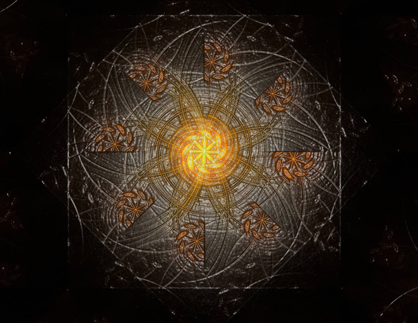 Partículas de formas fractales abstractas sobre el tema de la física nuclear y el diseño gráfico. Geometría futurista sagrada textura del holograma digital cuántico en diseño surrealista de la onda del desarrollo
. - Foto, Imagen