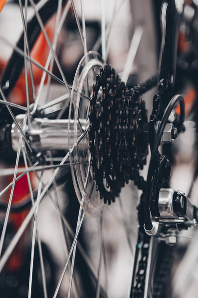 Bike speed changing assembly. Rear wheel. Steel bicycle chain. Transmission gears close-up. - Zdjęcie, obraz
