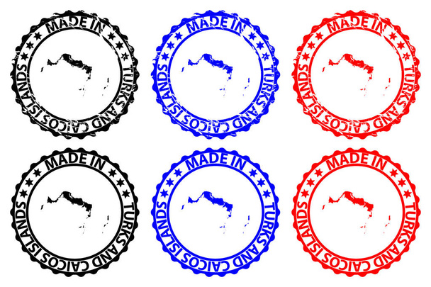 Fabricado nas Ilhas Turcas e Caicos - carimbo de borracha - vetor, padrão de mapa das Ilhas Turcas e Caicos - preto, azul e vermelho
 - Vetor, Imagem