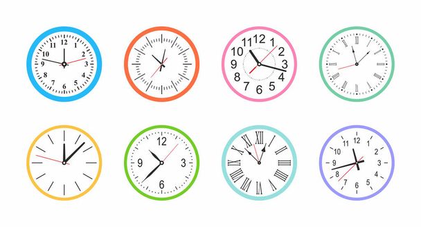 Conjunto de colorido reloj de pared redonda. estilo plano. aislado sobre fondo blanco
 - Vector, imagen