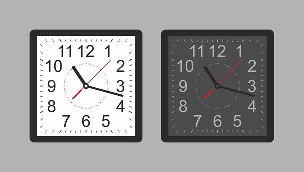 Квадратний настінний годинник. Білий і чорний. ізольовані на сірому фоні
 - Вектор, зображення