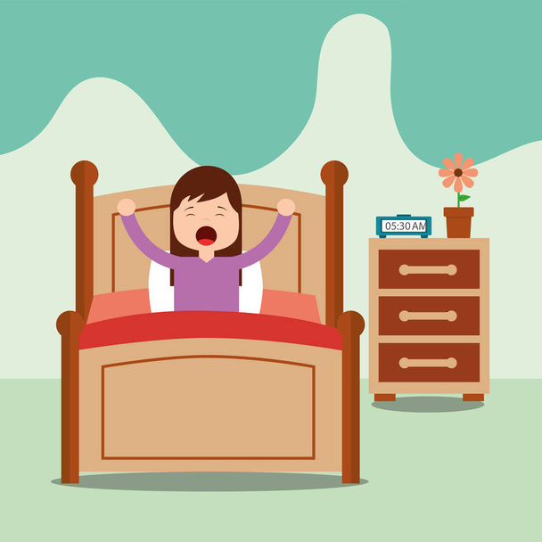 little girl wake up on bed in the morning - Vector, Image