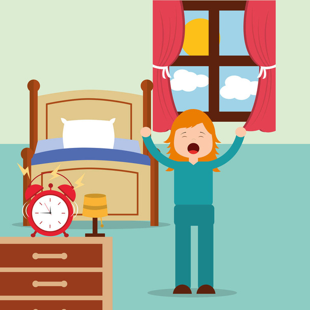 girl waking up and stertching near bed at home - Vector, Image