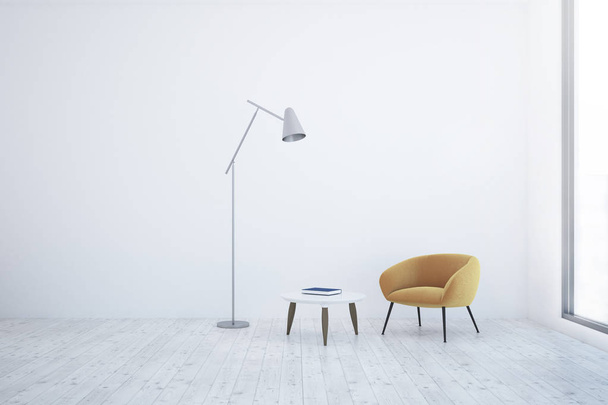 Biały pokój dzienny wnętrze z biały drewnianą podłogą, jeden żółty fotel stojący w pobliżu okrągły stolik i oprawione plakat, wisi nad nim. makiety 3D renderowania - Zdjęcie, obraz
