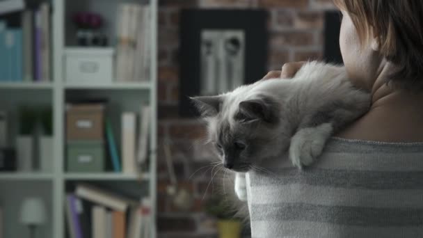 Frau hält eine Katze auf der Schulter - Filmmaterial, Video