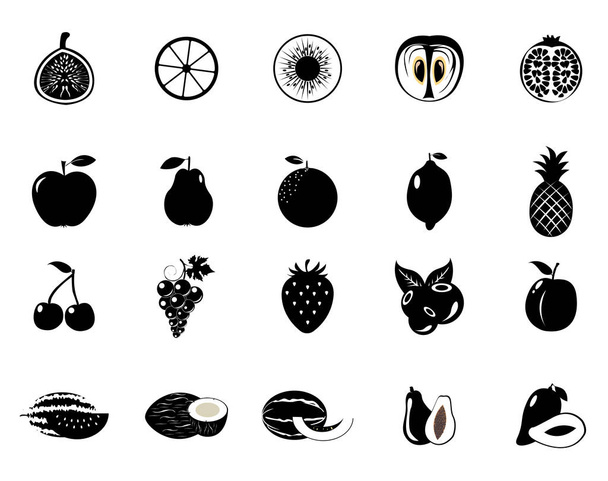 Conjunto de frutas e legumes. Uma coleção de silhueta de comida em fundo branco
 - Vetor, Imagem