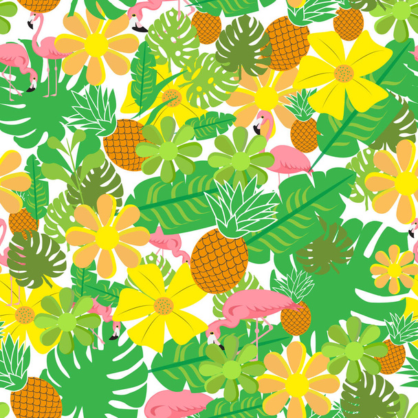 パイナップルとヴィンテージのシームレスな熱帯の花ベクトルの背景パターン - ベクター画像