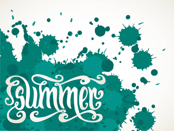 Hand drawn word Summer over teal green paint splatter background. Vector illustration. - Vector, Image