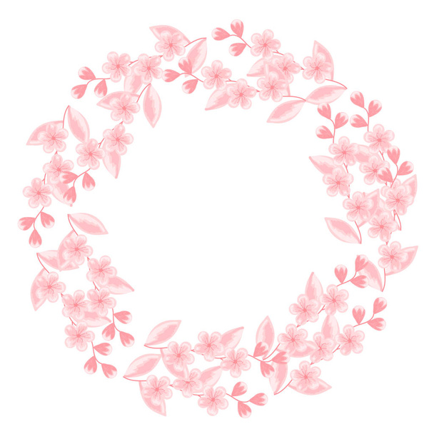 Round frame with flowering cherry branches. white, pink. greeting card template. Design artwork for wedding invitations, home decor, clothing. - ベクター画像