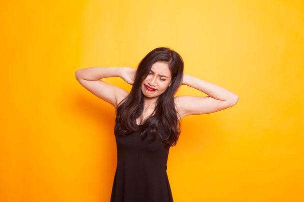 Young Asian woman point at herself ask why me on yellow background - Φωτογραφία, εικόνα