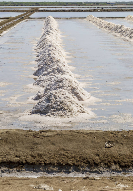 Rinne in Salzteichen, die rohes Salz herstellen oder in Verdunstung aus Meerwasser anhäufen; Teiche in der Provinz Phetchaburi, Thailand - Foto, Bild