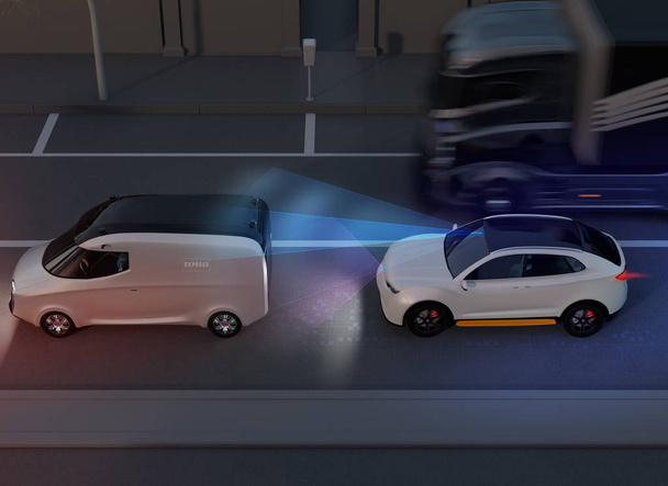 Zijaanzicht van de witte Suv noodremming Voorkom auto-ongeluk. Automatische Emergency remsysteem (noodrem) concept. Nachtscène. 3D rendering beeld. - Foto, afbeelding