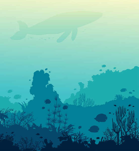 Underwater vector illustration - silhouette of whale, coral reef and school of fish on a blue sea. Ocean wildlife. - ベクター画像