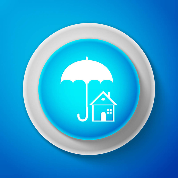 Witte huis met paraplu pictogram geïsoleerd op blauwe achtergrond. Vastgoed verzekering symbool. Onroerend goed-symbool. Cirkel blauwe knop met witte lijn. Vectorillustratie - Vector, afbeelding