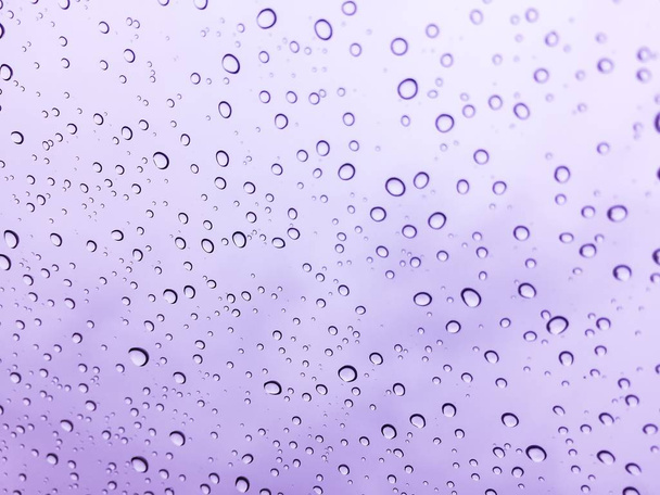 The raindrops on the windscreen or windshield or car glass. View from the inside of the car with a grey sky background. It can be use for texture background or display or backdrop. Adjust the image to purple - Photo, Image