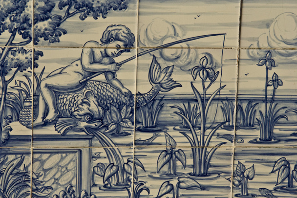 Tile, Talavera ceramics, fishing in the river - Photo, Image