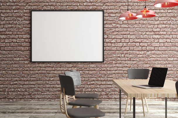 Modern conference room interior with empty banner, laptop and daylight. Ad concept. Mock up, 3D Rendering  - Foto, Imagem