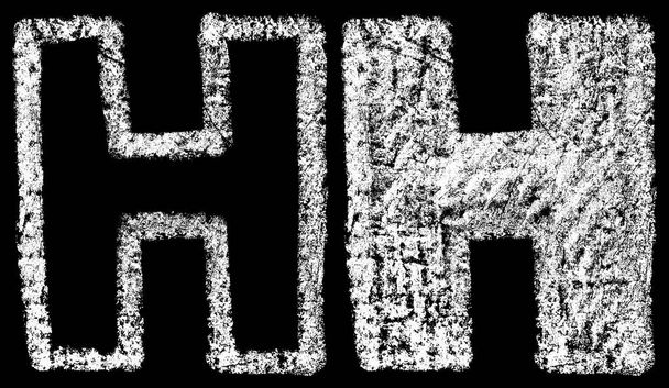 craie blanche manuscrite lettres anglaises H isolé sur fond noir, lettrage à la craie dessiné à la main, illustration de stock
 - Photo, image