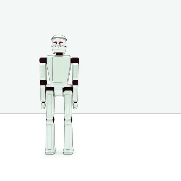 Robot on a white background. White metallic, black joints. Red eyes. Modernity, novelty, new media, helpful on the website. Place for text. Illustration made in the 3d graphics program. - Photo, Image