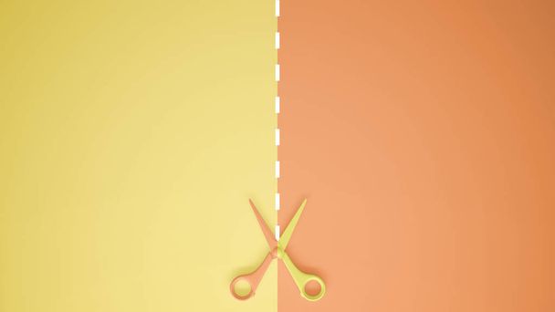 Nożyczki z linii cięcia na pastelowy żółty i pomarańczowy kolorowe tło z kopii przestrzeni, szablon makieta koncepcja - Zdjęcie, obraz